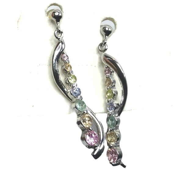 Vintage Silver Rainbow Drop Earrings W/ Multi Gemstones & Elegant Swirl Design - Picture 3 of 6